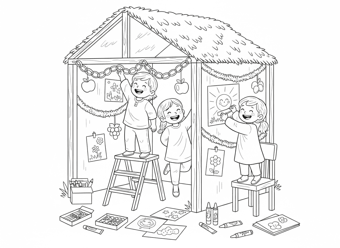 ילדים מקשטים סוכה - ילדים מקשטים סוכה בשמחה, תולים שרשראות נייר, קישוטי נצנצים, קישוטי פירות, ציורים שהכינו, עומדים על כיסאות וסולמות, חומרי יצירה צבעוניים, אווירה יצירתית