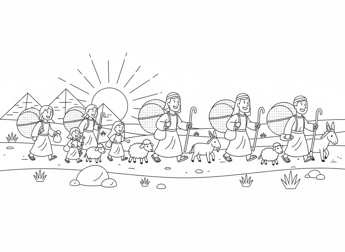 בני ישראל יוצאים ממצרים עם מצות על הגב - סצנה שמחה של בני ישראל יוצאים ממצרים בחיפזון, נושאים בצק מצות על הגב, משפחות עם ילדים וחיות, פירמידות מאחוריהם, שביל מדברי לפניהם, זריחה