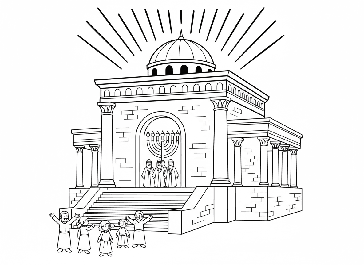 בית המקדש העתיק בירושלים - בית המקדש הקדוש בירושלים משוחזר וזוהר, אדריכלות מפוארת, מנורת זהב בפנים, כוהנים בלבן, כניסה מפוארת, עולי רגל מתקרבים, אור אלוהי מלמעלה