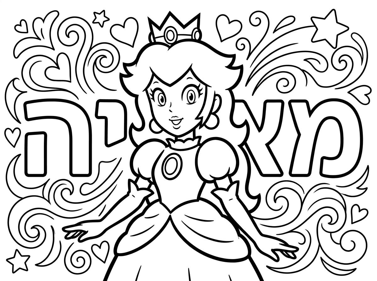 תיצור לי דף צביעה עם הדמות peach ממריו עם השם מאיה מאחורה
