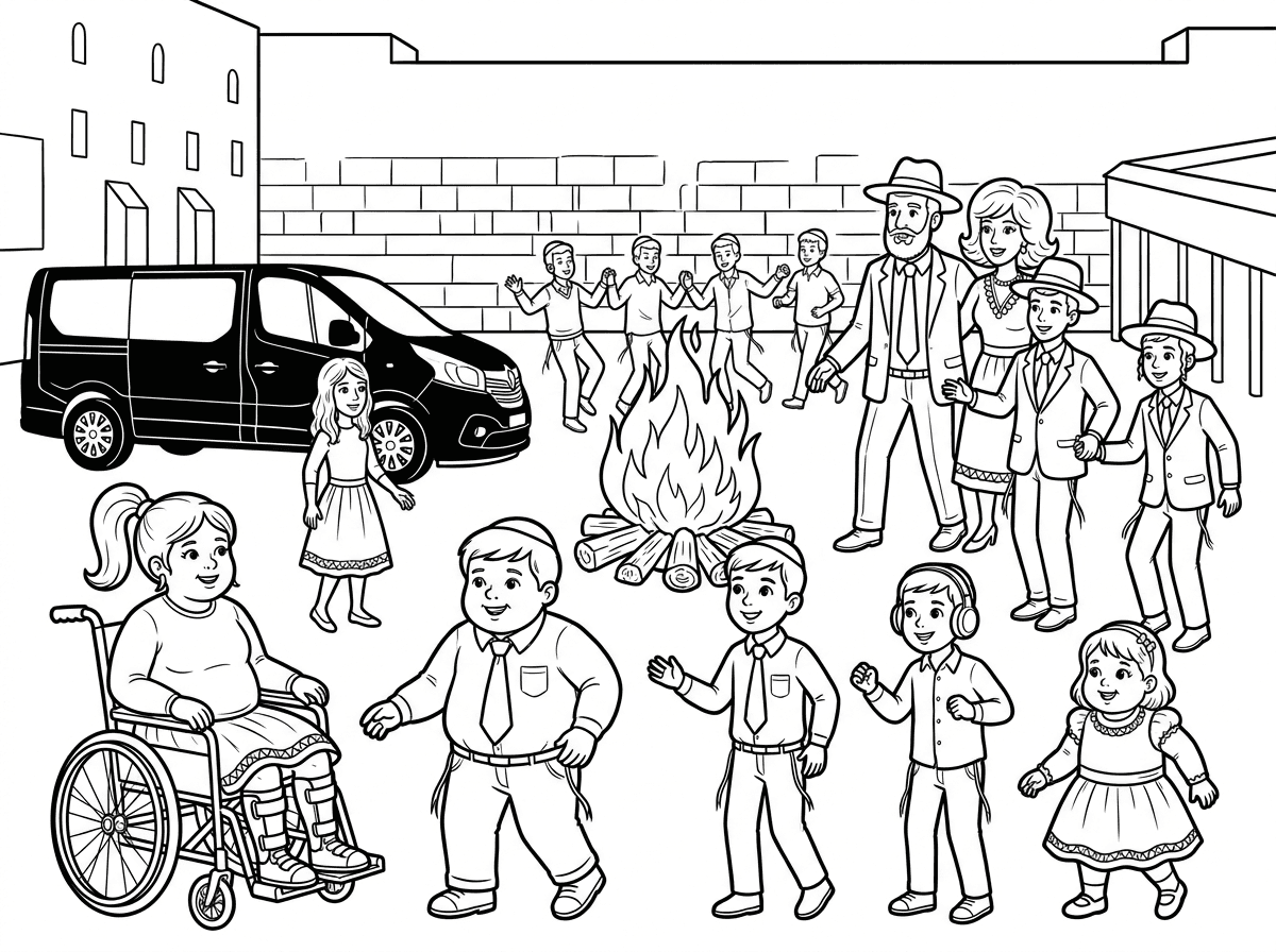 משפחת כהן 
אבא עם כובע וחליפה ועניבה 
אמא עם פאה לבושה בשמלה חגיגית
בחורה כבת 17 בלבוש חגיג עם חצאית
בחור כבן 14 עם כובע וחליפה
בחור כבן 13 עם כובע וחליפה
ילדה כבת 12 בכיסא גלגלים וסדים ברגליים עם קוקו וחצאית בלבוש חגיגי ושמנמנה
ילד כבן 10 שמנמנן במכנס שחור וחולצה לבנה ועניבה
ילד כבן 8 לובש מכנס שחור וחולצה לבנה ועניבה 
ילד כבן 7 לובש מכנס שחור וחולצה לבנה עם אוזניות
ילדה כבת 4.5 לבושה חגיגי עם שמלה ושמנמנה
כולם מגיעים ברכב מסוג טרפיק שחור
למדורת ל"ג בעומר ברחבת בכותל המערבי כנראה בקרע.
המדורה באמצע ברווחה עם עשרות בני ישיבה רקדנים מול הלהבות של המדורה.
