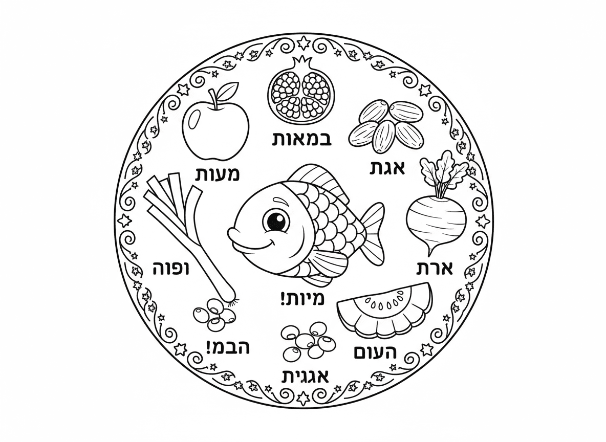 ראש דג על צלחת ראש השנה - צלחת דקורטיבית עם מאכלי סימנים מסורתיים של ראש השנה: ראש דג, תפוח, רימון, תמרים, לוביה, כרתי, סלק, דלעת, סידור יפה, ברכות בעברית