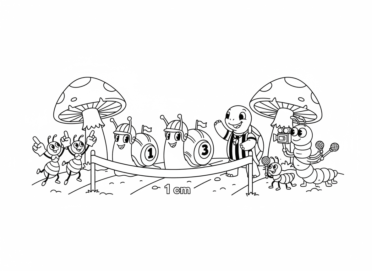 אליפות מירוצי חילזונות - חילזונות עם מספרי מירוץ וקסדות זעירות, צב כשופט, נמלים מעודדות ביציעים עם אצבעות קצף, קו סיום סנטימטר אחד קדימה, וצוות צילום זחלים מצלם את הפעולה