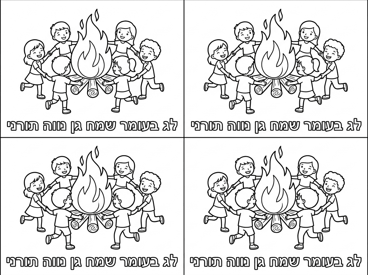 תחלק לי את הדף ל4 חלקים. שהדף יהיה לרוחב. ושבכל משבצת יהיה דף צביעה של מדורה וילדים ליד המדורה ושיהיה כתוב למטה בקטן לג בעומר שמח גן נווה תורני. שכל המשבצות יהיו זהות עם אותו טקסט וציור.