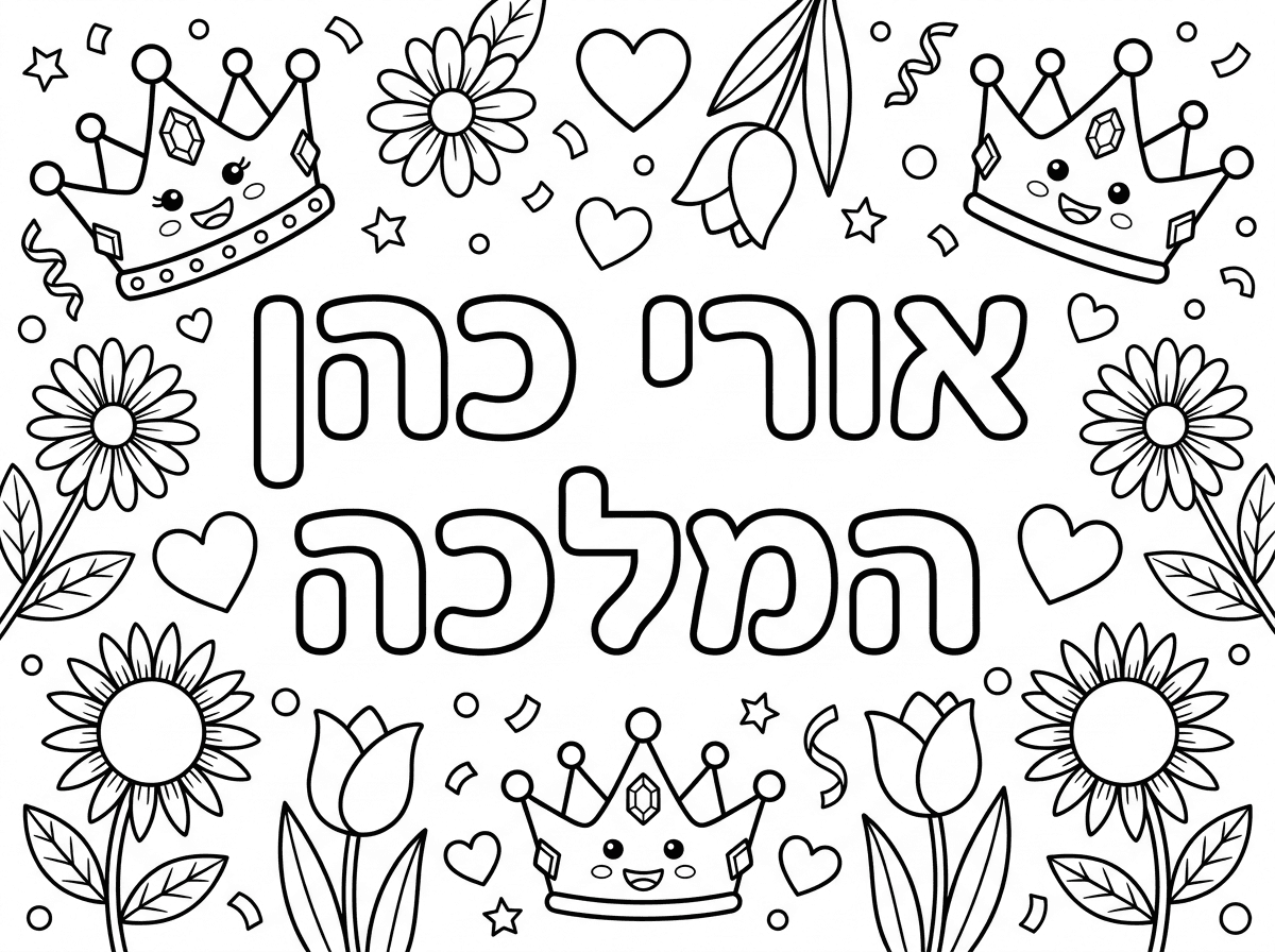 דף לרוחב. באמצע הדף לכתוב בכתב שאפשר לצבוע בפנים אורי כהן המלכה. מסביב פרחים, לבבות, כתרים של מלכה וקונפטי