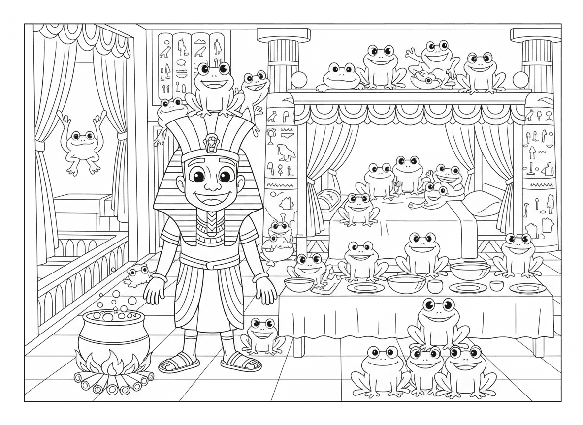 צפרדעים בכל מקום - מכת צפרדעים - סצנה מצחיקה של צפרדעים חמודות בכל מקום במכת הצפרדעים במצרים, צפרדעים במיטות, על שולחנות, בסירי בישול, על כתר פרעה, קופצות ומשחקות, ארמון מצרי ברקע