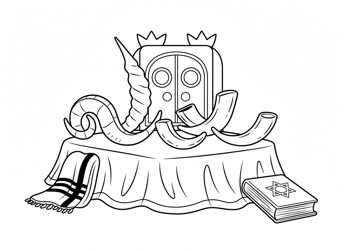 אוסף שופרות בסוגים שונים - אוסף שופרות שונים מוצגים: קרן איל, קרן קודו, גדלים ועיקולים שונים, על תצוגת קטיפה, רקע ארון קודש, טלית, סידור תפילה