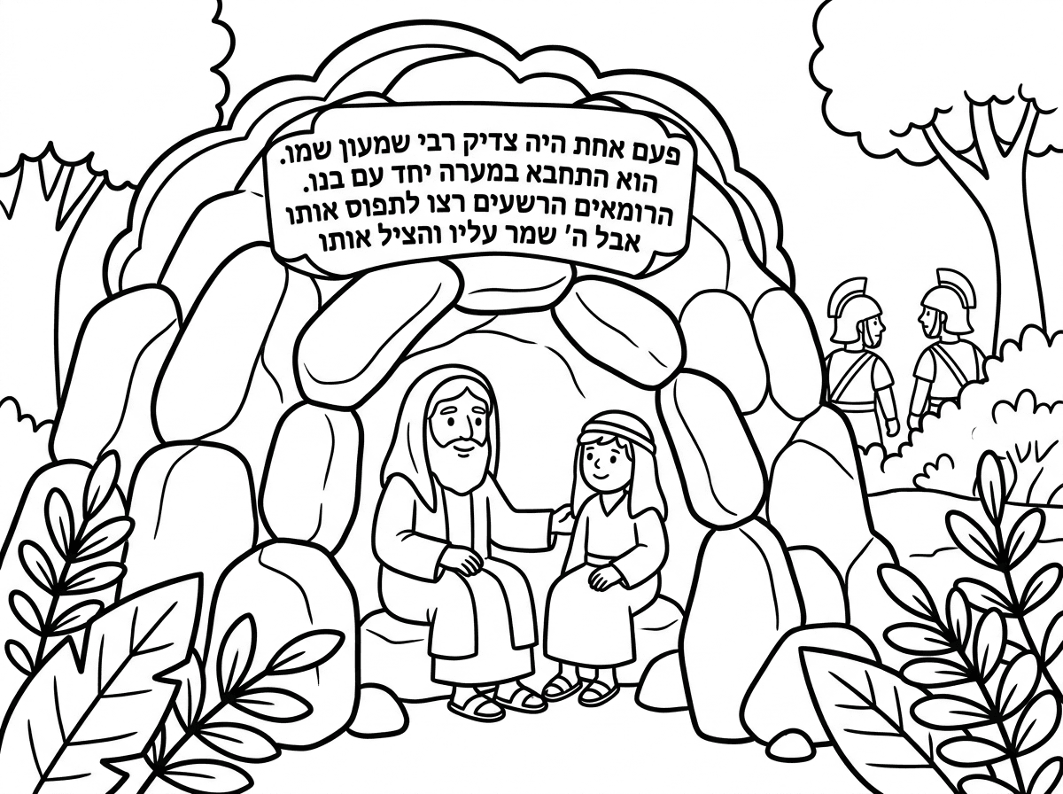 ואחרון. 
עכשיו ציור של 
ר שמעון במערה 
ותכתוב פעם אחת היה צדיק רבי שמעון שמו 
הוא התחבא במערה יחד עם בנו 
הרומאים הרשעים רצו לתפוס אותו אבל ה' שמר עליו והציל אותו