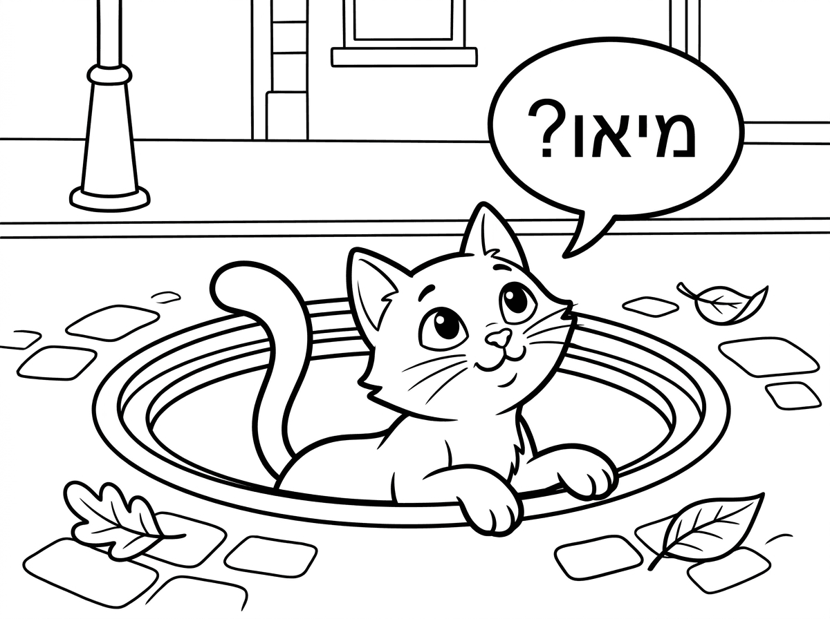 צייר ציור שהחתול נכנס לתוך הפתח של הביוב ויש בועת דיבור וכתוב מיאו עם סימן שאלה