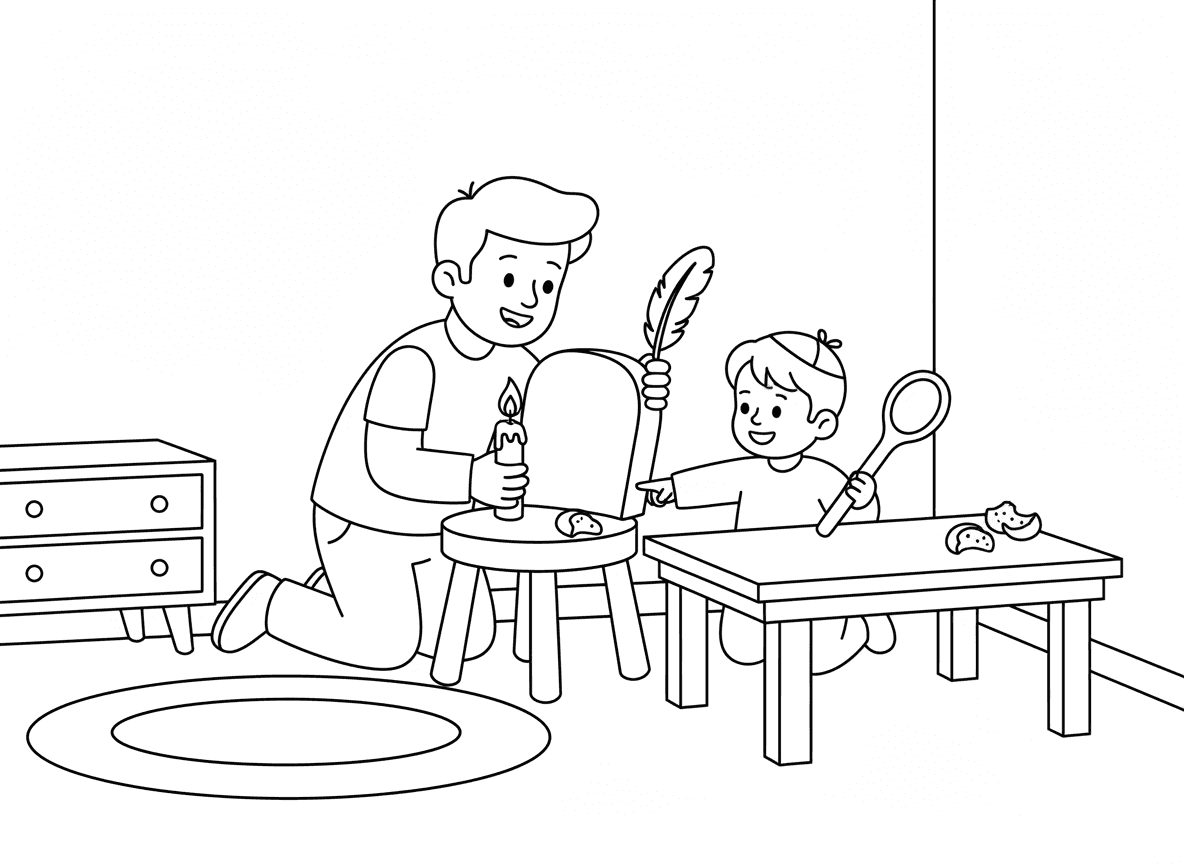 בדיקת חמץ עם נר - הורה וילד מחפשים חמץ בלילה שלפני פסח, מחזיקים נר ונוצה, מחפשים מתחת לרהיטים ובפינות, פירורי לחם מוסתרים, כף עץ