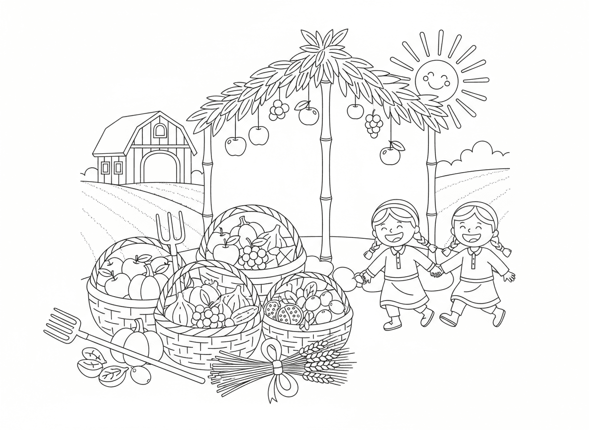 סצנת חג הקציר סוכות - סצנת חג קציר לסוכות, סלסלות פירות וירקות, אלומות חיטה, ענבים, תאנים, תמרים, רימונים, זיתים, כלי חקלאות, אסם ושדות, אווירת הודיה
