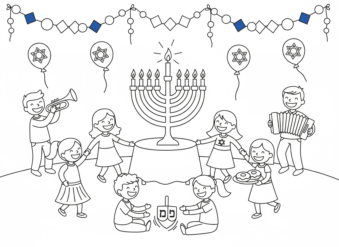 מסיבת חנוכה - מסיבת חנוכה תוססת עם אנשים רוקדים, משחקים בסביבון, אוכלים סופגניות, חנוכייה זוהרת, קישוטים בכחול לבן וזהב, כלי נגינה, בלונים, חגיגה שמחה