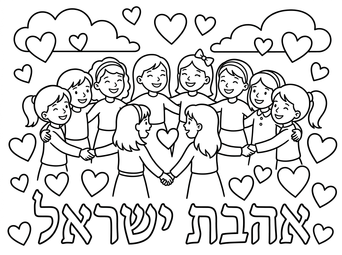 אשמח לדף צביעה עם כיתוב אהבת ישראל
וילדות באחדות עם לבבות
