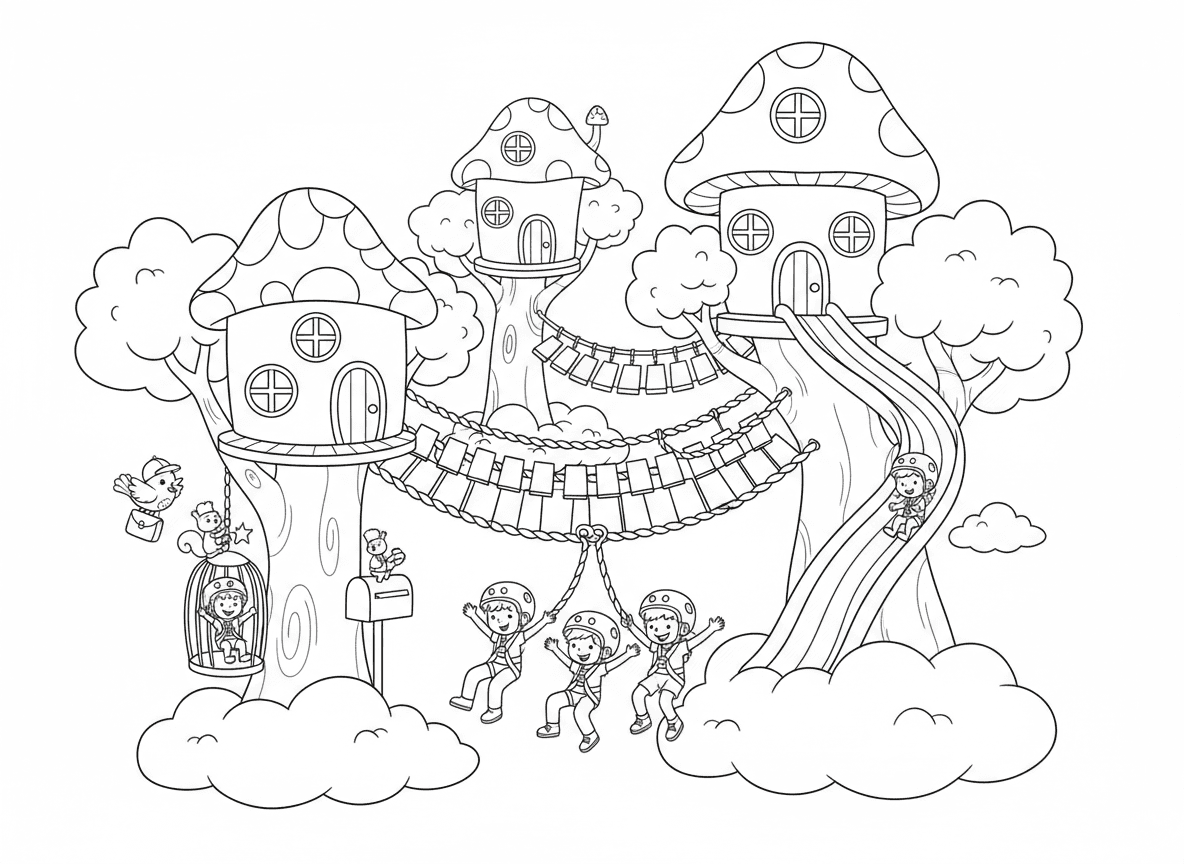 עיר בתי עץ בעננים - בתי עץ רבים מחוברים בגשרי חבל מעל העננים, ילדים גולשים על כבל בין עצים, ציפור דוור מחלק מכתבים, סנאים מפעילים מעליות, ומגלשת מפל קשת בענן