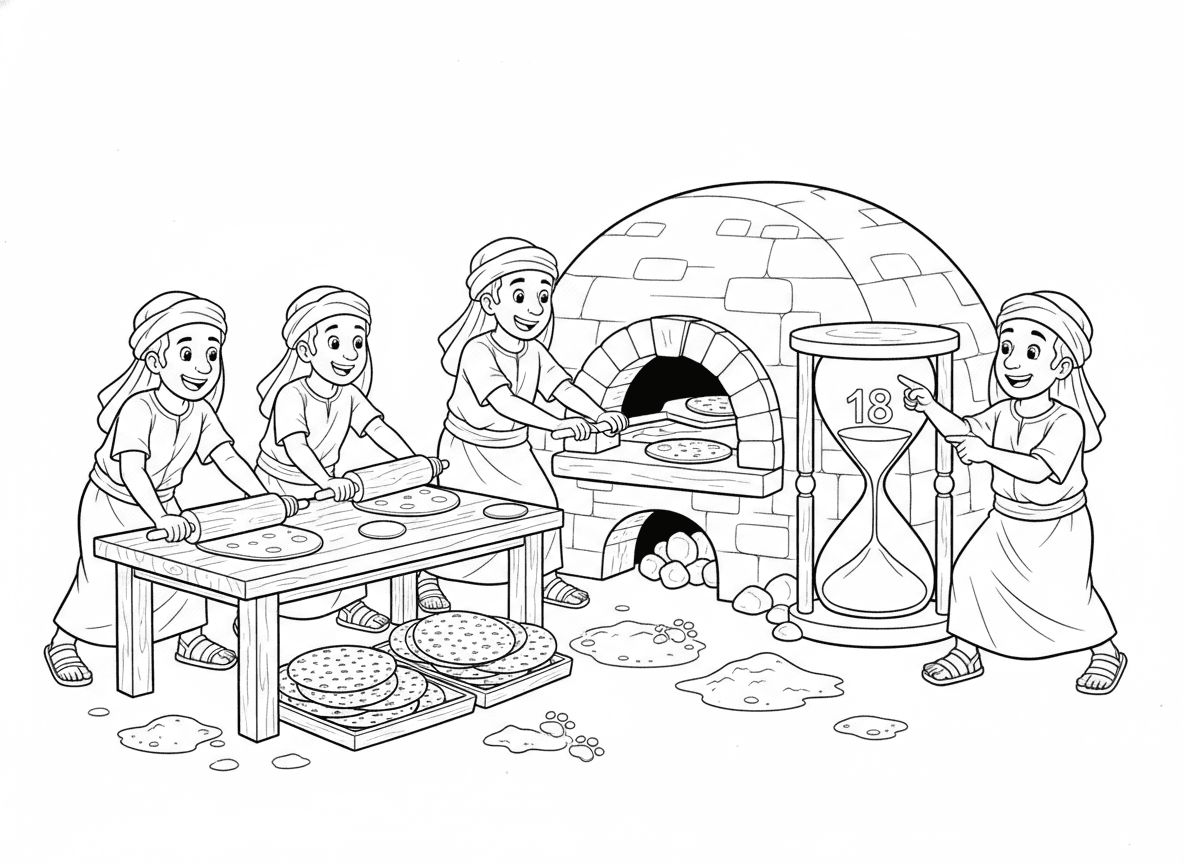 אפיית מצות בתנור עתיק - סצנת מאפייה עתיקה עם אנשים אופים מצות מהר לפני שהבצק תופח, מרדדים בצק, מכניסים לתנור אבן, טיימר מראה 18 דקות, קמח על הרצפה, אופים ממהרים