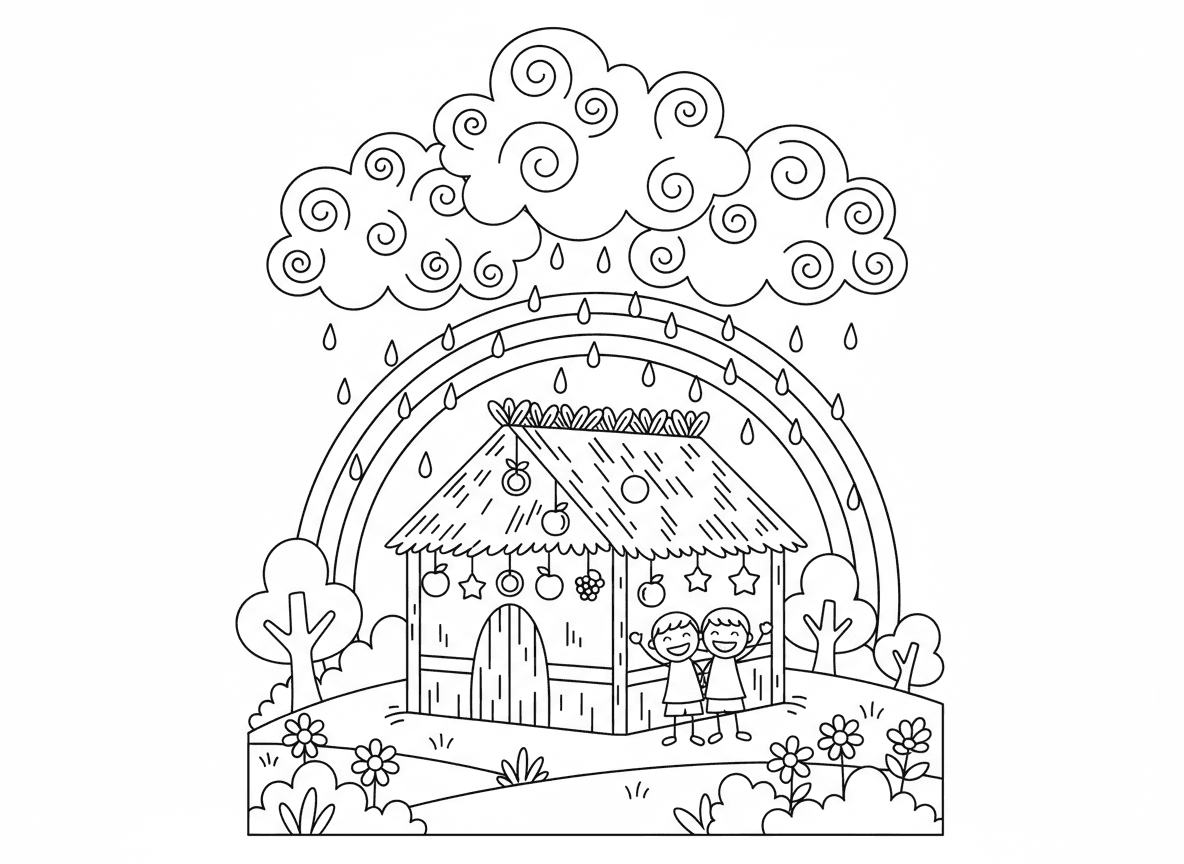 עננים של תפילת גשם מעל סוכה - סצנה אמנותית של עננים מתאספים מעל סוכה המייצגים תפילת גשם, טיפות גשם עדינות מתחילות לרדת, קשת נוצרת, סוכה שמחה למטה, נוף ירוק