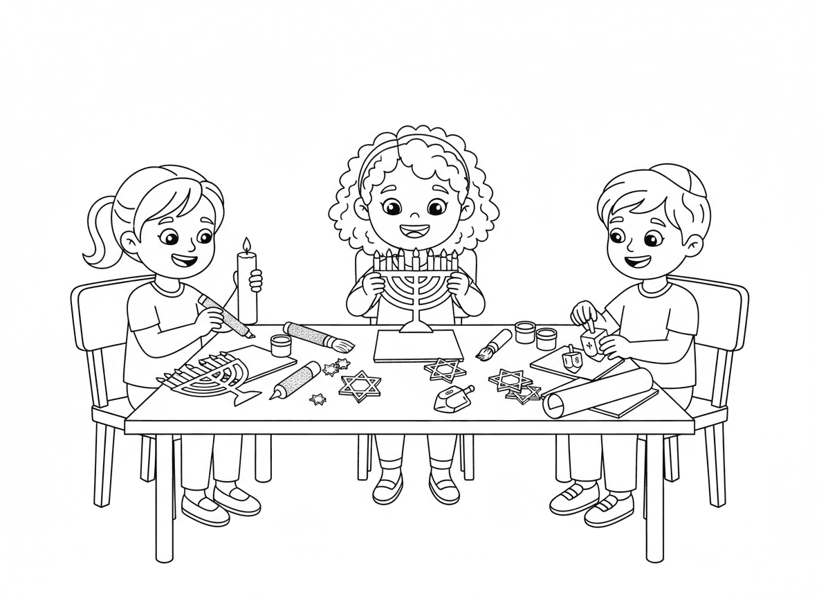 ילדים מכינים יצירות חנוכה - ילדים מכינים יצירות חנוכה ליד שולחן: חנוכיות מנייר, סביבונים מחימר, מקשטים נרות, נצנצים וצבע, אמנות מגן דוד, פעילות יצירה חגיגית כיפית