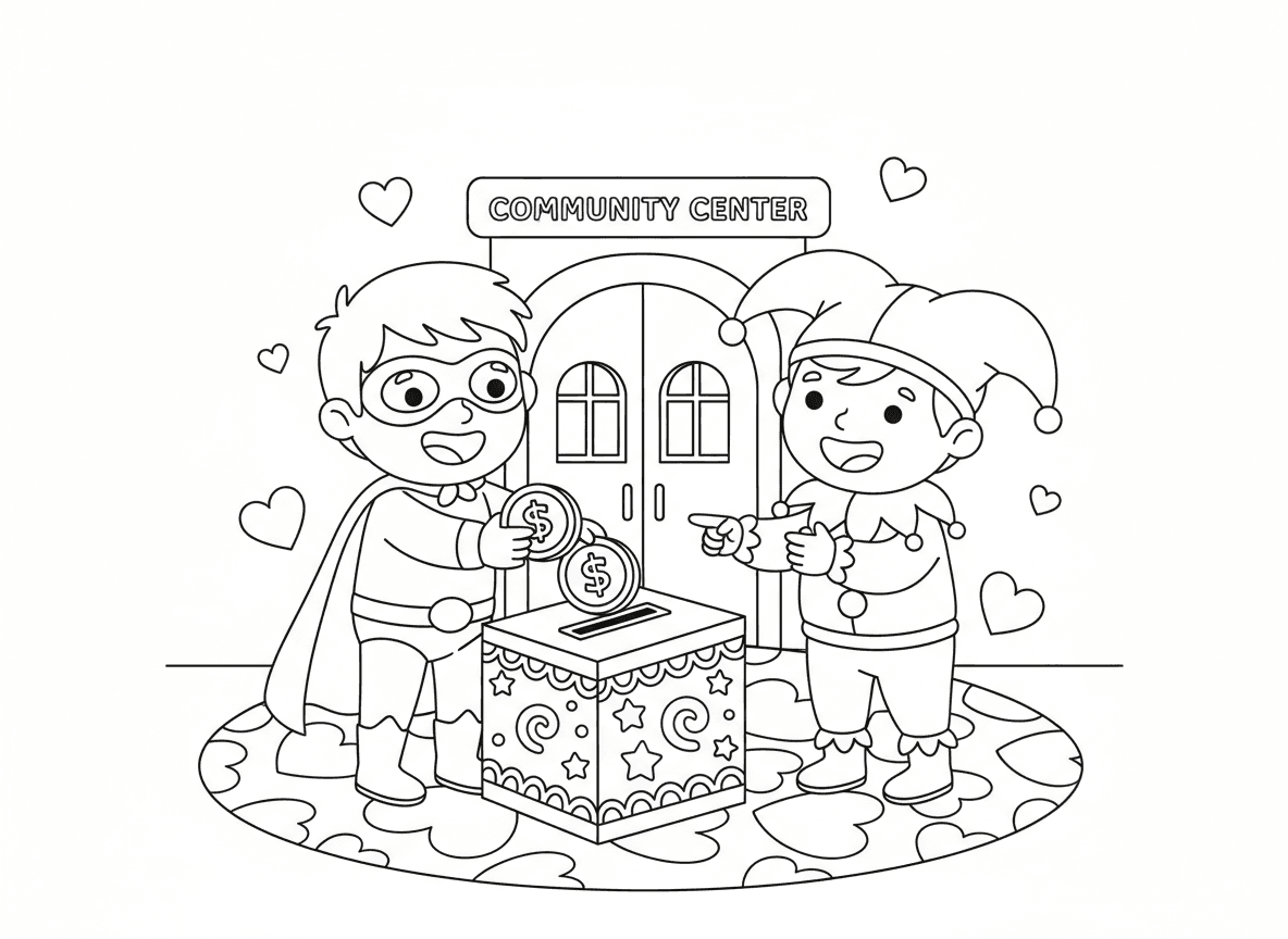 מתנות לאביונים בפורים - ילדים מכניסים מטבעות לקופת צדקה בפורים, קופת צדקה מעוטרת, פרצופים שמחים נותנים, תחפושות על הילדים, רקע מרכז קהילתי, סמלי לב