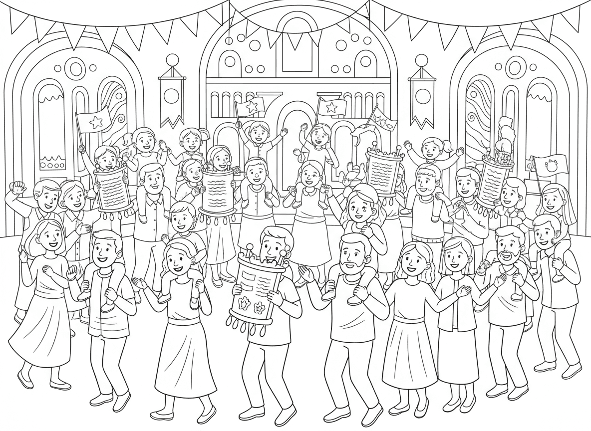 הקפות עם ספר תורה בשמחת תורה - אנשים שמחים רוקדים במעגלים עם ספרי תורה בהקפות שמחת תורה, דגלים מונפים, ילדים על כתפיים, שרים ומוחאים כפיים, בית כנסת מעוטר, שמחה טהורה