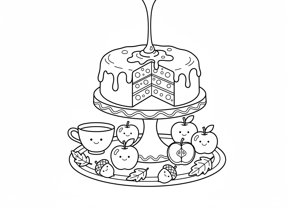 עוגת דבש לראש השנה - עוגת דבש נראית טעימה על מעמד דקורטיבי, חומה מוזהבת, חתוכה להראות את הפנים, טפטוף דבש למעלה, כוס תה לצד, קישוטי תפוחים, שולחן סתווי