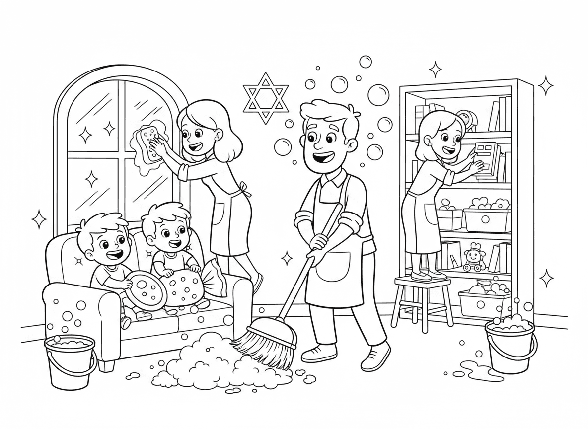 ניקיון פסח בבית - סצנה מצחיקה של משפחה עושה ניקיון פסח, כולם מנקים חלקים שונים בבית, מקרצפים, מטאטאים, מסדרים, ילדים מוצאים חטיפים מוסתרים, בועות סבון, בית נוצץ