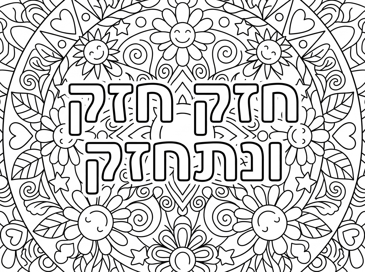תכין לי בבקשה דף צביעה שכתוב בו 'חזק חזק ונתחזק' באותיות חלולות בסגנון של מנדלה