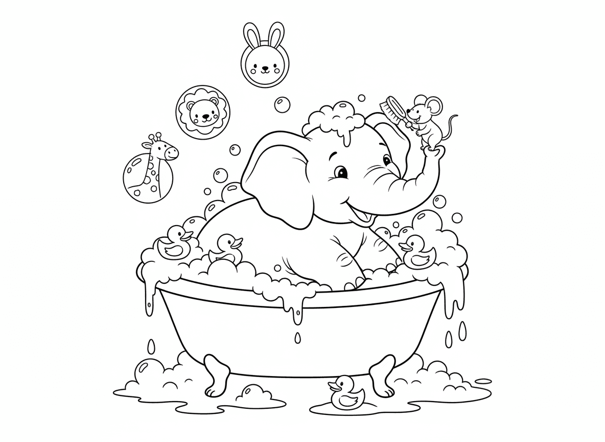 אמבטיית בועות של פיל - פיל ענק באמבטיה זעירה שגולשת בועות, ברווזוני גומי צפים מסביב, עכבר מקרצף את אוזני הפיל עם מברשת זעירה, ובועות סבון בצורת חיות מרחפות באוויר