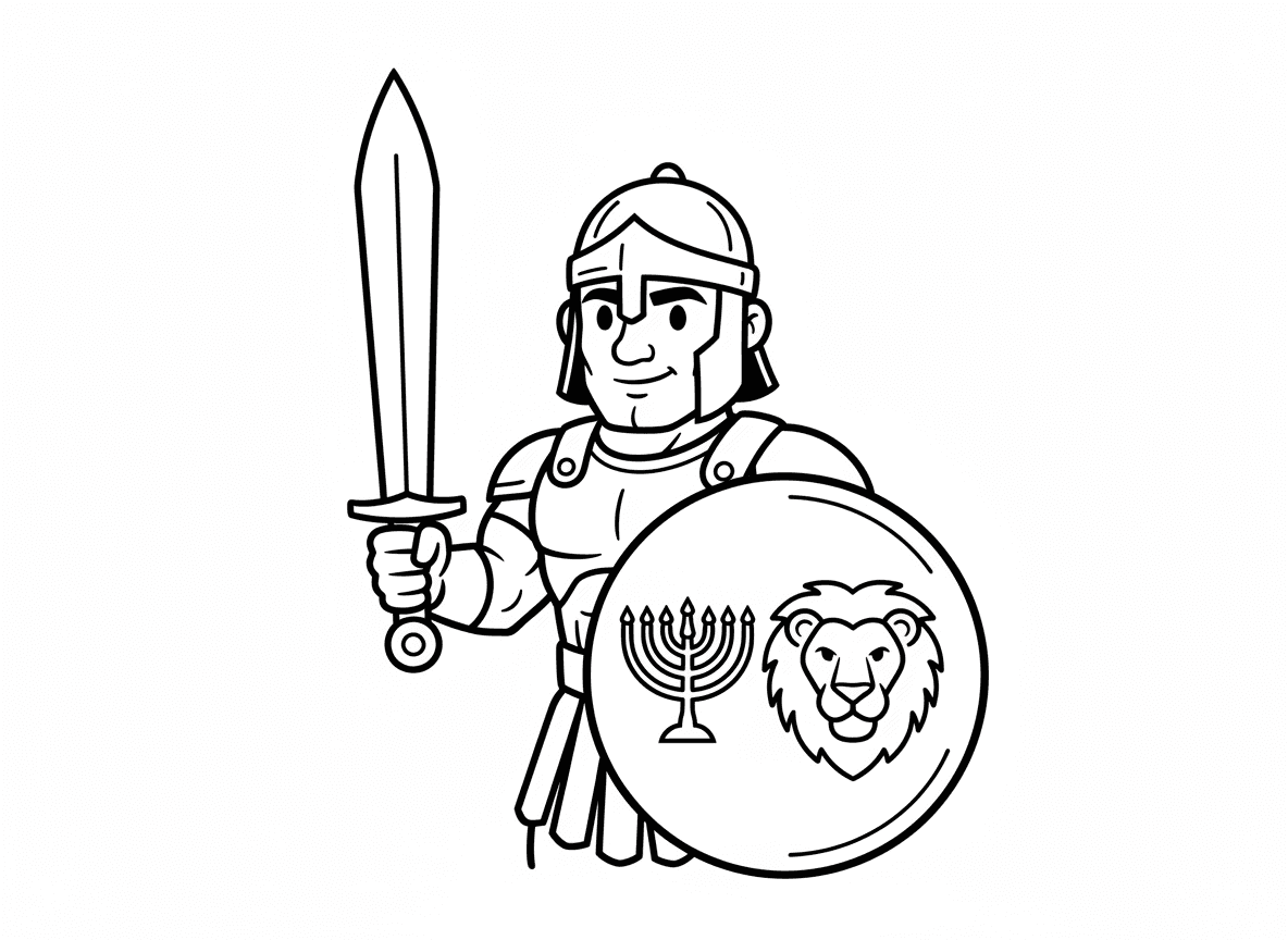 דיוקן גיבור יהודה המכבי - דיוקן הירואי של יהודה המכבי, לוחם חזק עם מגן וחרב, סמל מנורה על המגן שלו, אריה יהודה, שריון עתיק, הבעה אמיצה, תאורה דרמטית