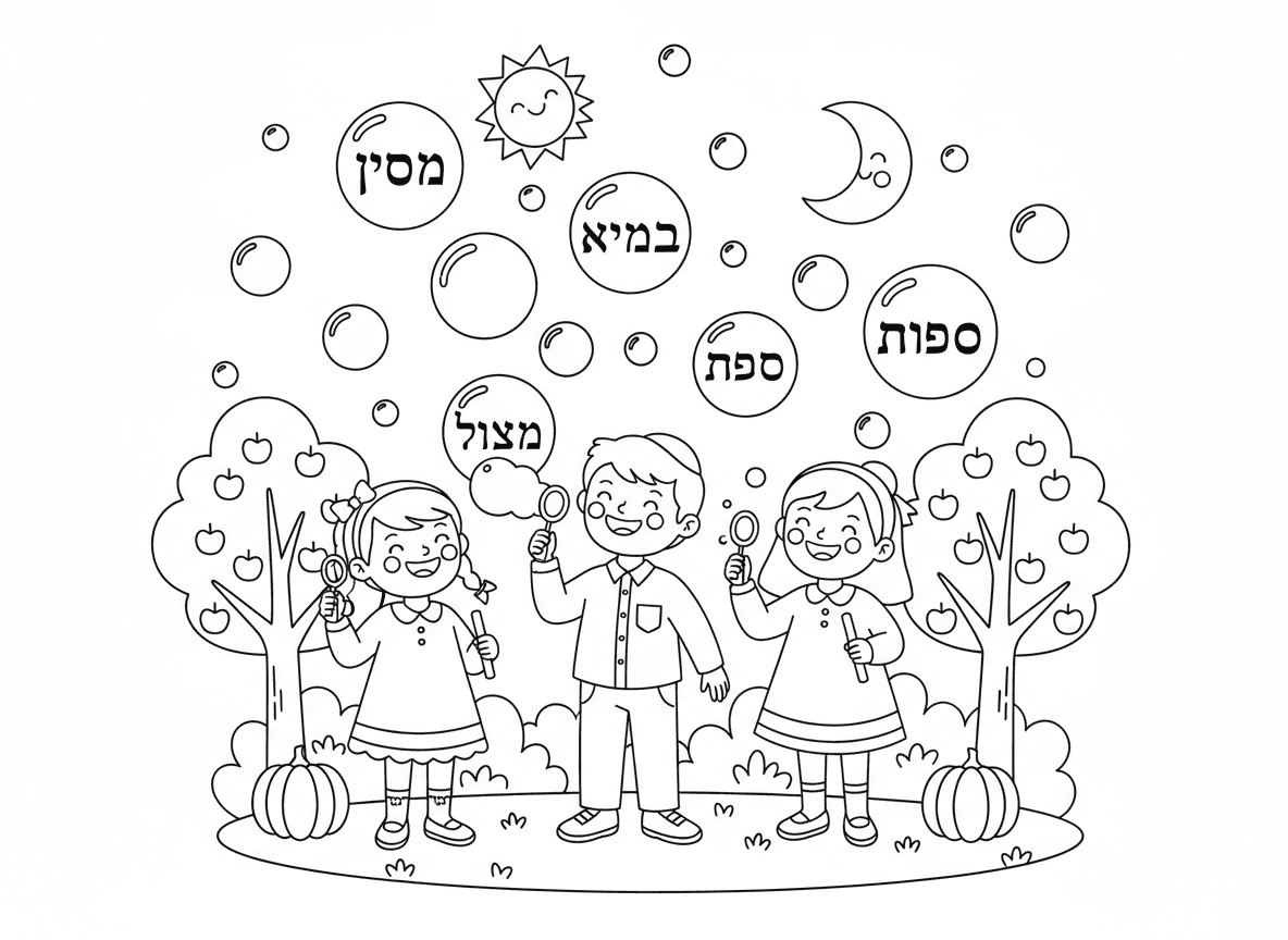 ילדים מנפחים בועות בראש השנה - ילדים בבגדי חג מנפחים בועות בגינה, מסמלים משאלות לשנה חדשה, בועות צבעוניות מרחפות עם מילי ברכה בעברית בפנים, גינת סתיו, חגיגי