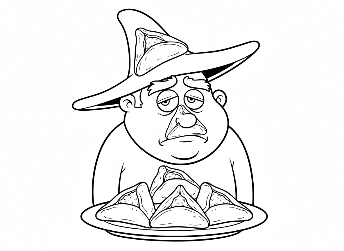 המן עם הכובע המשולש שלו - דמות המן מצוירת וידידותית לילדים עם הכובע המשולש האייקוני שלו, נראה מטופש ומובס, ניגוד עם עוגיות אוזני המן שנראות כמו הכובע שלו, סצנה הומוריסטית