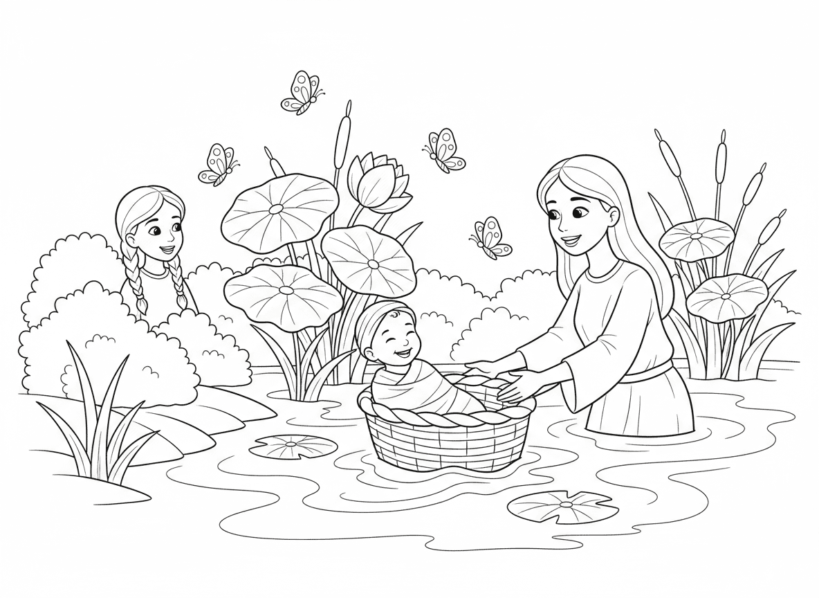 משה תינוק בתיבה על הנילוס - משה תינוק בתיבת קש צפה על נהר הנילוס, קנים ופרחי לוטוס סביב, בת פרעה מוצאת אותו, מרים צופה מהשיחים, מים עדינים, פרפרים