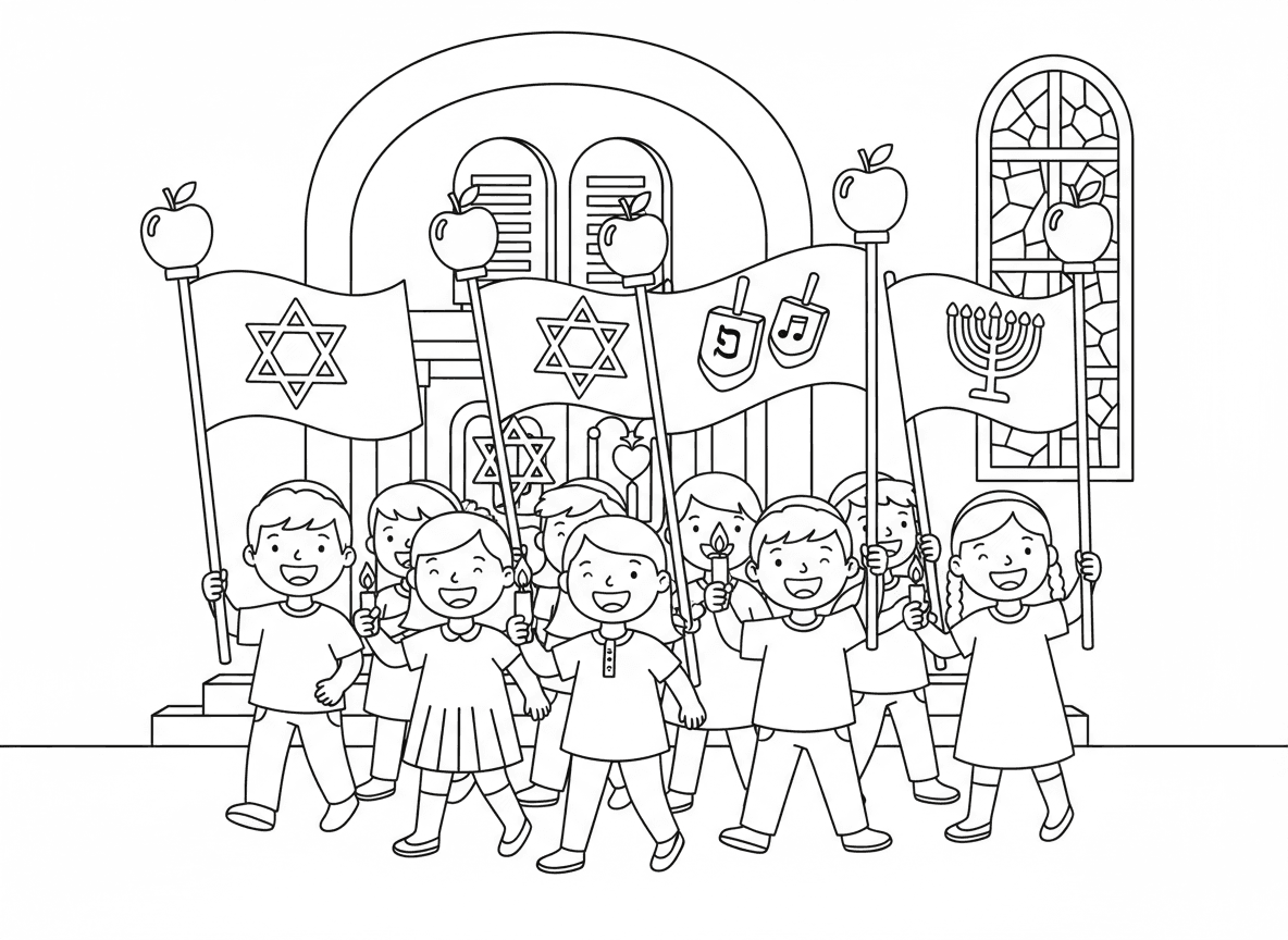 ילדים עם דגלי שמחת תורה - ילדים שמחים צועדים עם דגלי שמחת תורה צבעוניים, כל דגל עם סמל יהודי שונה, תפוחים על חלק מהדגלים, נרות, שרים יחד, מצעד חגיגי בבית הכנסת