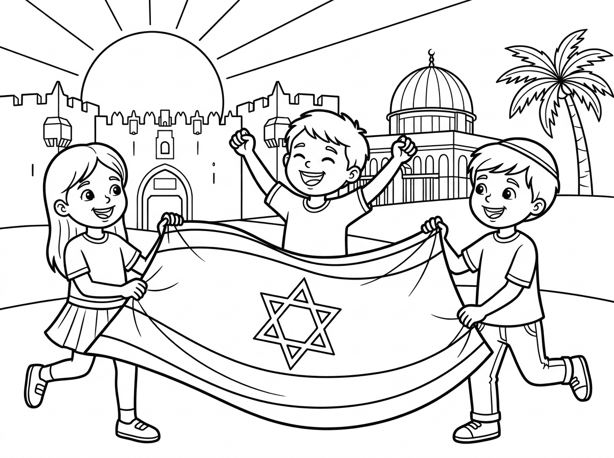 צור לי דף צביעה ליום ירושלים 59 שנה לשחרור ירושלים עם דגל ישראל וילדים