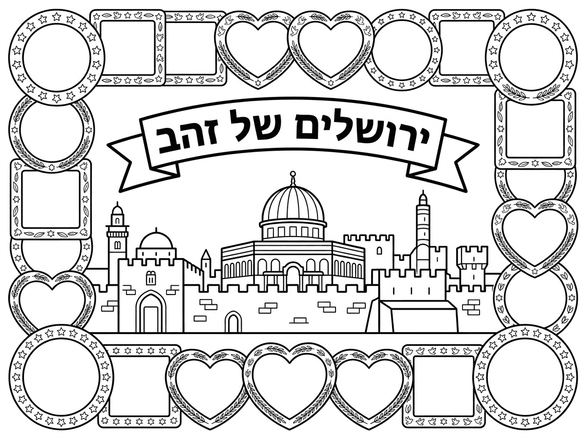 דף צביעה שרשום ירושלים של זהב ומסביב מסגרת שמתאימה לשים מדבקוצ