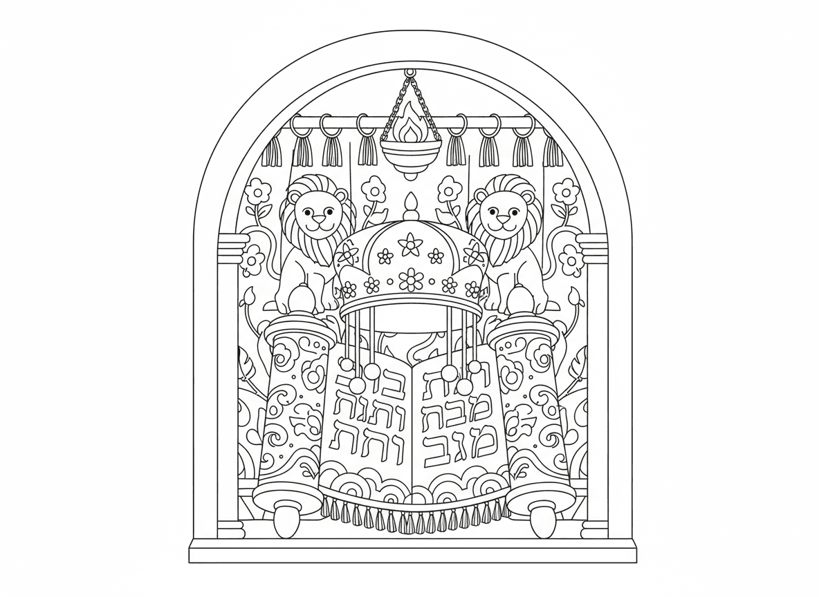 ספר תורה וכתר - ספר תורה מעוטר יפה עם כתר וקישוטי כסף, פתוח להראות טקסט עברי, כיסוי קטיפה, ארון קודש, נר תמיד, פרוכת