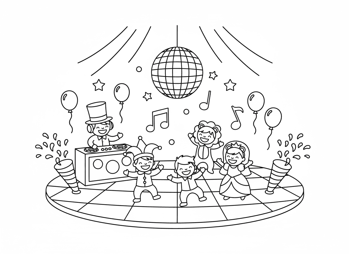 רחבת ריקודים במסיבת פורים - מסיבת פורים תוססת עם אנשים רוקדים, דיג'יי מנגן מוזיקה, כדור דיסקו, אורות צבעוניים, תחפושות, תותחי קונפטי, בלונים, כולם חוגגים, תווי מוזיקה מרחפים