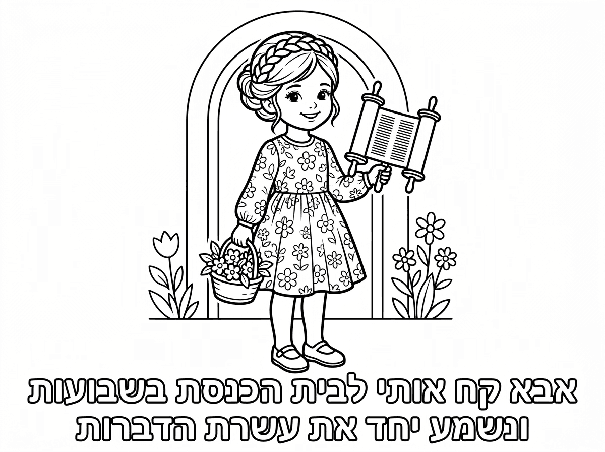 ילדה קטנה בגיל גן עם תסרוקת אסופה חגיגית
שמלה פרחונית שמכנס את הברכיים והמרפקים
גרביונים ונעלי שבת

וכתוב:

אבא
קח אותי לבית הכנסת בשבועות
ונשמע יחד את עשרת הדברות