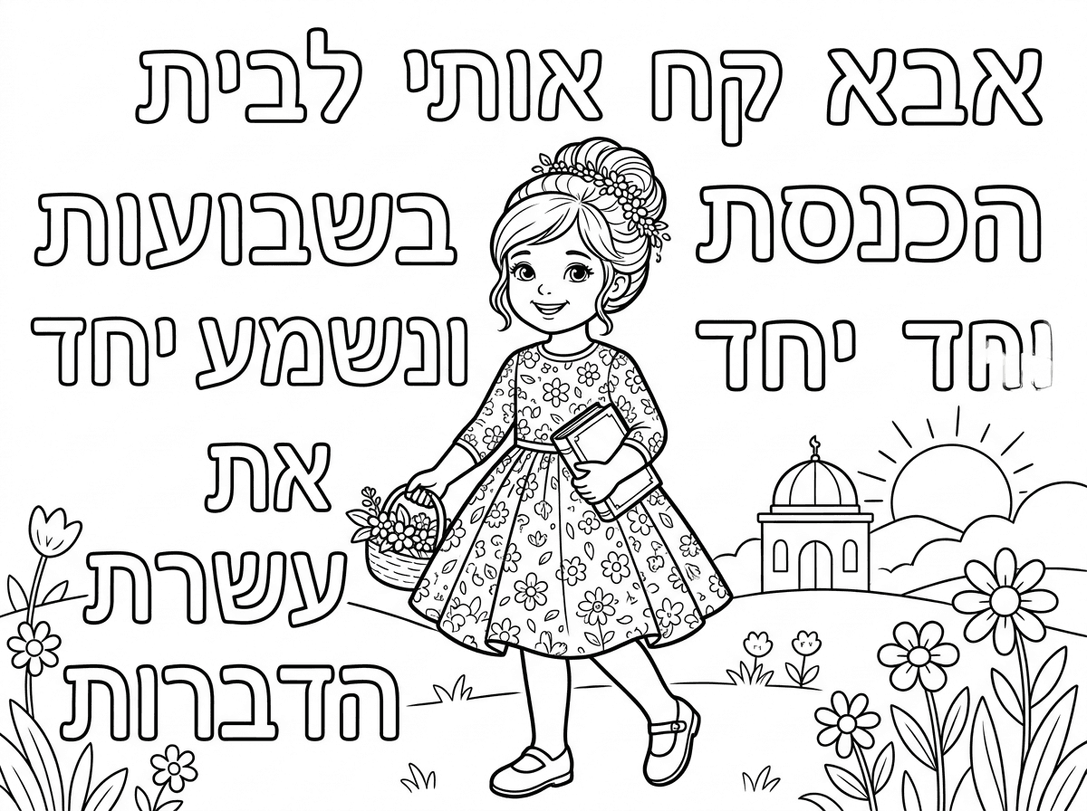 נא לדייק בטקסט
ילדה קטנה בגיל גן עם תסרוקת אסופה חגיגית
שמלה פרחונית שמכנס את הברכיים והמרפקים
גרביונים ונעלי שבת

וכתוב:

אבא
קח אותי לבית הכנסת בשבועות
ונשמע יחד את עשרת הדברות