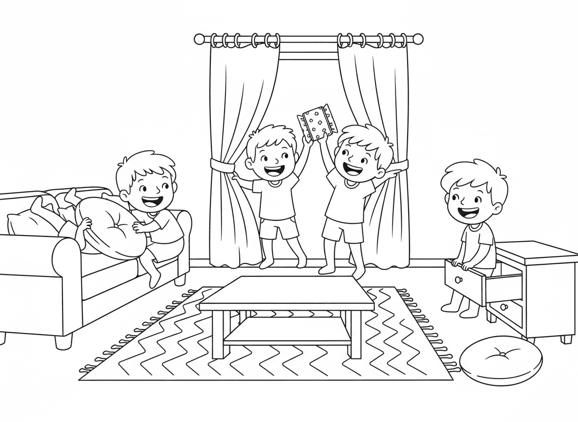 חיפוש אפיקומן - ילדים מחפשים בהתרגשות את האפיקומן החבוי (חתיכת מצה עטופה), מחפשים מתחת לכריות, מאחורי וילונות, בתוך מגירות, ילד אחד מרים אותו בניצחון, סצנת סלון