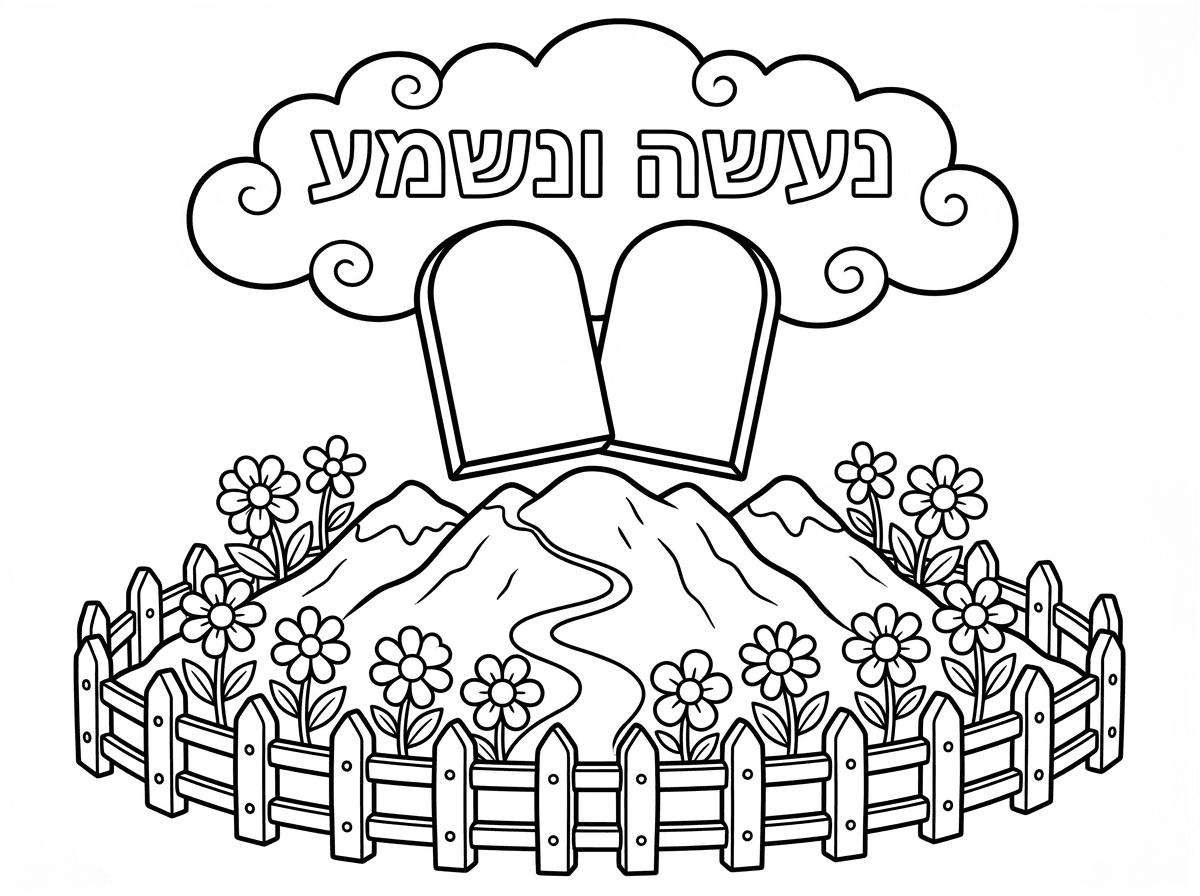 שני מלבנים שהם לוחות הברית
מעל ענן

הענן והלוחות מעל הר עם הרבה פרחים סביב ההר יש גדר נמוכה מעץ 
וכתוב:
נעשה ונשמע