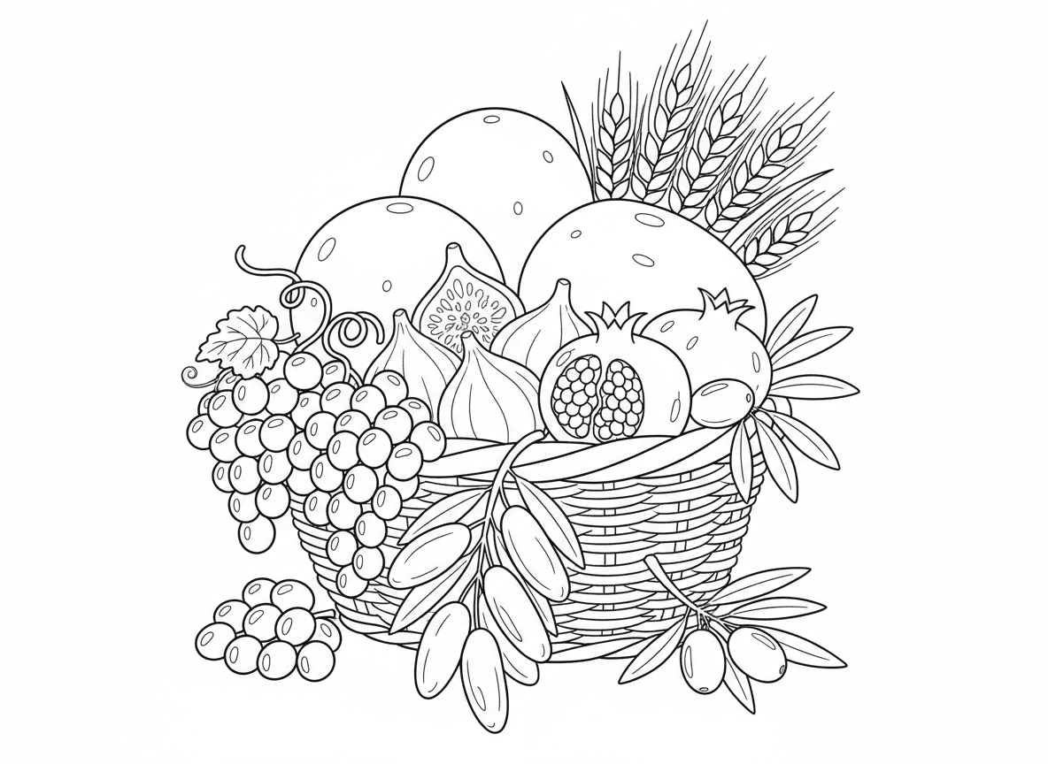 שבעת המינים של ארץ ישראל - סידור יפה של שבעת המינים: חיטה, שעורה, ענבים, תאנים, רימונים, זיתים, תמרים, מסודרים אמנותית, טבעי ושופע, סלסלת קציר