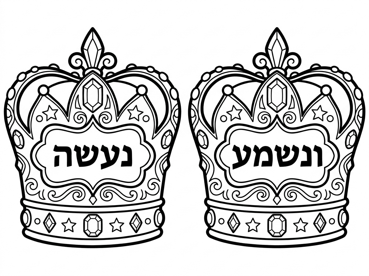 תכין לי בבקשה דף עם 2 כתרים גדולים שעל 1 כתוב נעשה ועל ה2 ונשמע