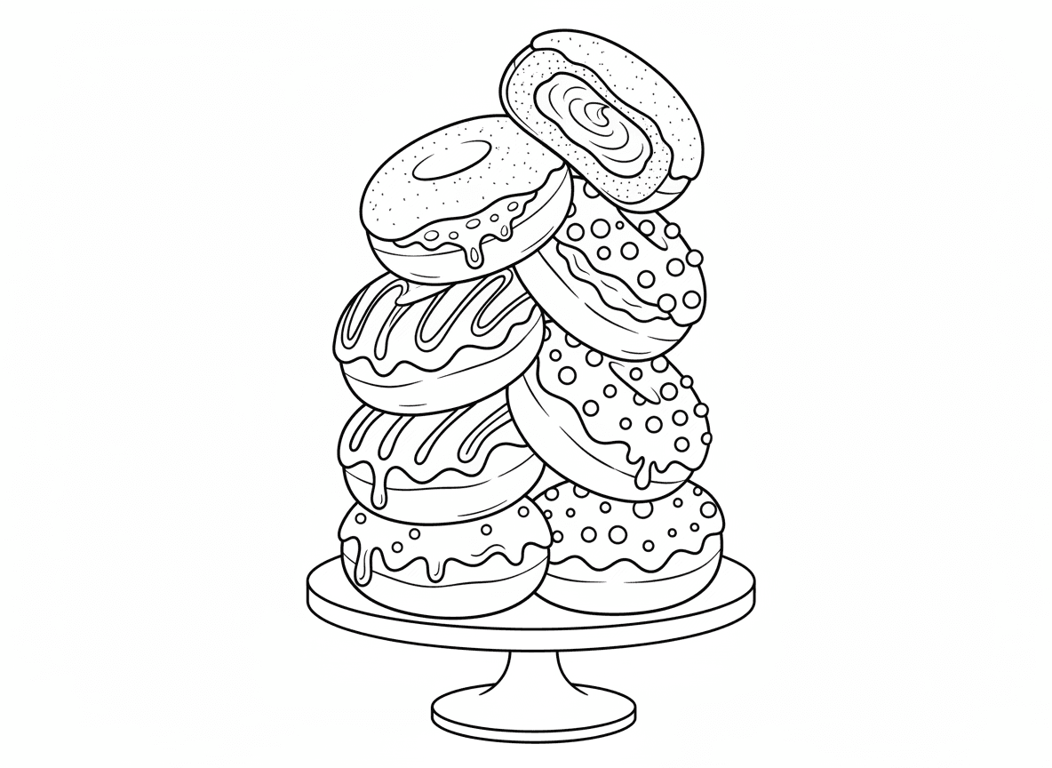 מגדל סופגניות מוערם - מגדל של סופגניות מוערמות עם מילויים ותוספות שונות: ריבה, שוקולד, קרמל, קרם, סוכריות צבעוניות, אבקת סוכר, תצוגת מאפייה מרשימה