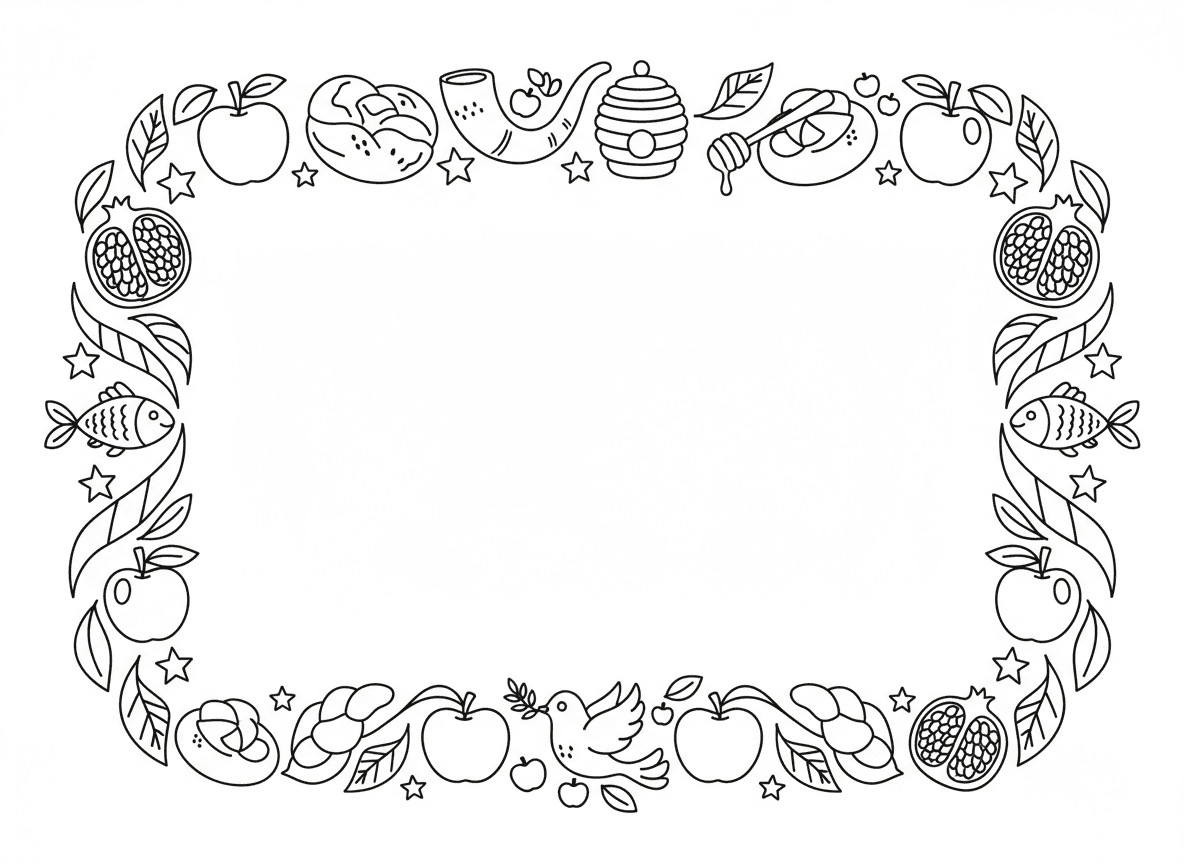 מסגרת סמלי ראש השנה - מסגרת דקורטיבית עשויה מסמלי ראש השנה: שופר, תפוחים, צנצנת דבש, רימון, חלה עגולה, דג, עלי סתיו, כוכבים, יונה, מרכז ריק לצביעה