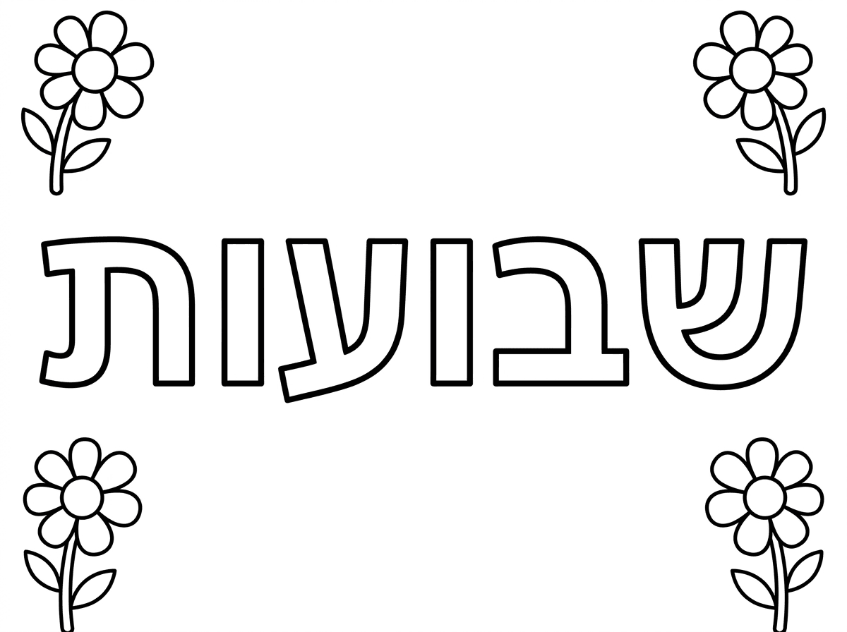 צור דף צביעה לרוחב הדף. לילדי גן גיל 4.המילה " שבועות" במרכז הדף באותיות חלולות גדולות.מכל 4 הפינות מצויר פרח בקווים ברורים נקיים