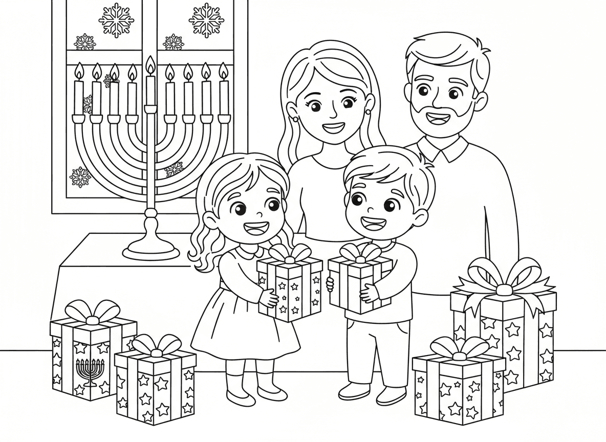 מתן מתנות חנוכה - ילדים נותנים ומקבלים מתנות חנוכה, מתנות עטופות בכחול וכסף, פרצופים נרגשים, כל לילה מתנה שונה, חנוכייה עם נרות ברקע, חום משפחתי