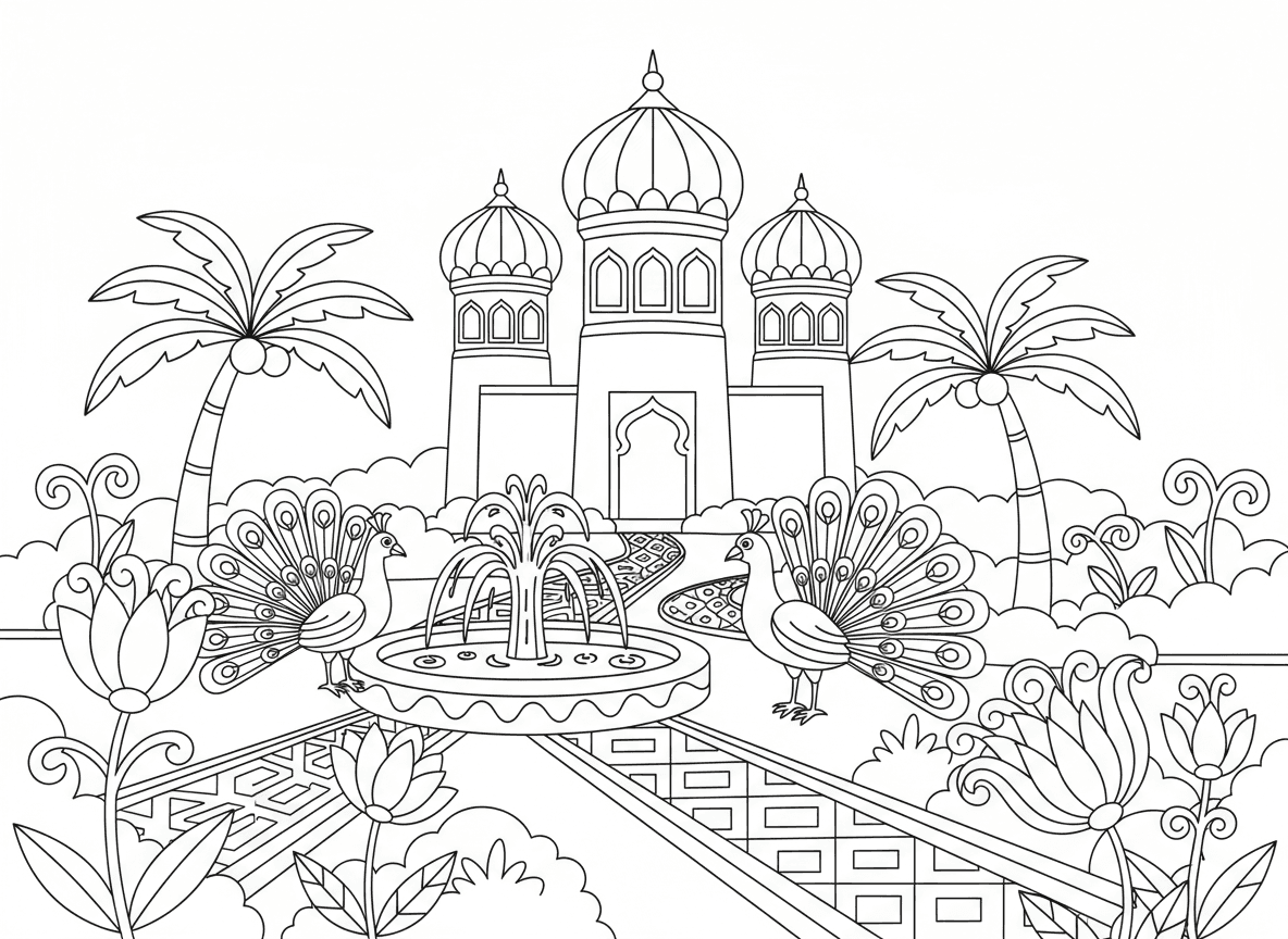 גני הארמון הפרסי בשושן - הגנים היפים של הארמון הפרסי בשושן, פרחים ועצים אקזוטיים, מזרקות, טווסים, שבילים מעוטרים, מגדלי ארמון ברקע, סגנון דקורטיבי פרסי, שליו