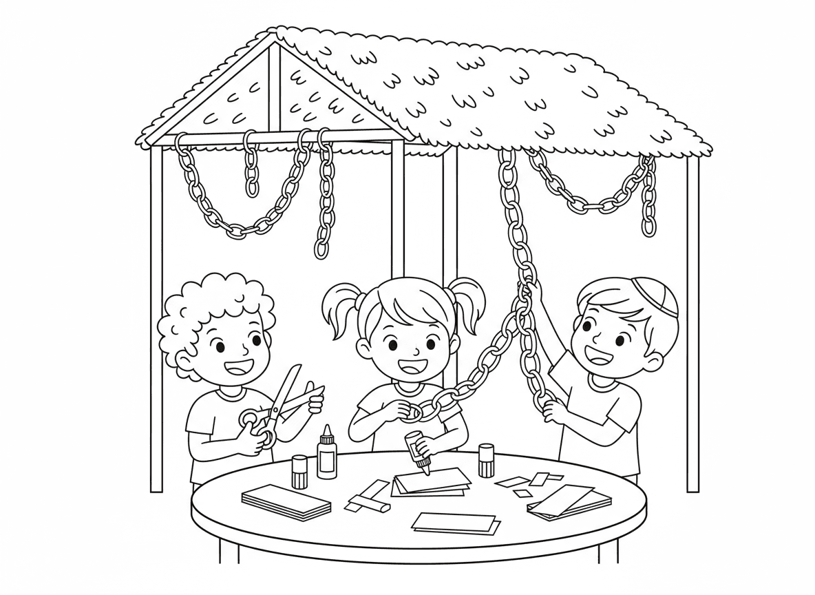 מכינים שרשראות נייר לסוכה - ילדים מכינים שרשראות נייר צבעוניות לסוכה, מספריים, דבק, רצועות נייר צבעוניות, חלק מהשרשראות כבר תלויות, שולחן יצירה, התרגשות חגיגית