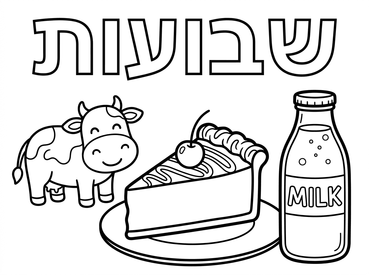 צור דף לחג השבועות.למעלה כתוב שבועות באותיות חלולות.ובדף יש פרה,פרוסת עוגת גבינה,בקבוק חלב .קוים נקיים וברורים לילידי גן