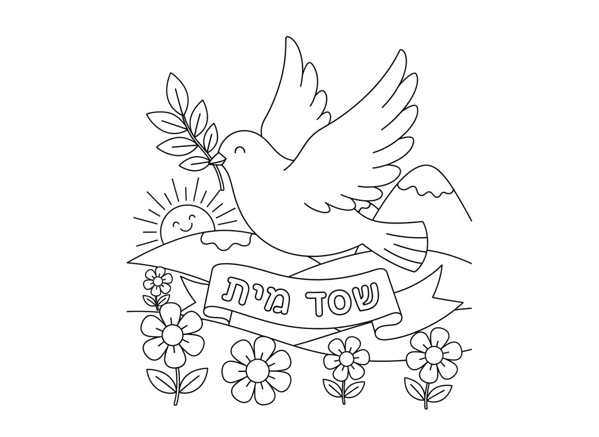 יונת שלום לשנה חדשה - יונה לבנה יפה נושאת ענף זית, עפה מעל נוף שליו, זריחה, הרים, פרחים פורחים, מסמלת שלום ותקווה לשנה חדשה, ברכה בעברית